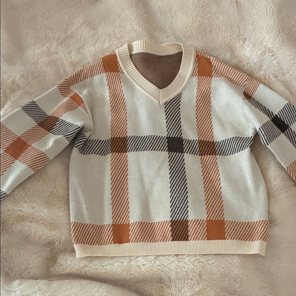 Plaid V-Neck Sweater - Orange and Black